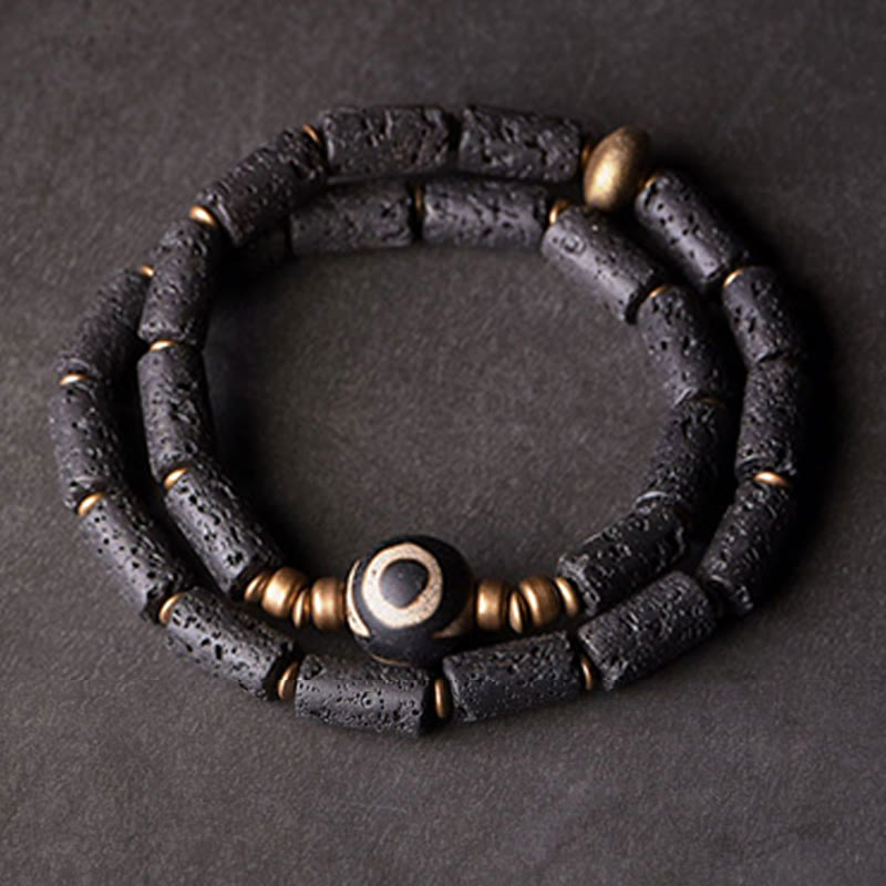 Bracelet enroulé en laiton avec perles dzi à trois yeux en pierre de lave de 6 mm pour le calme