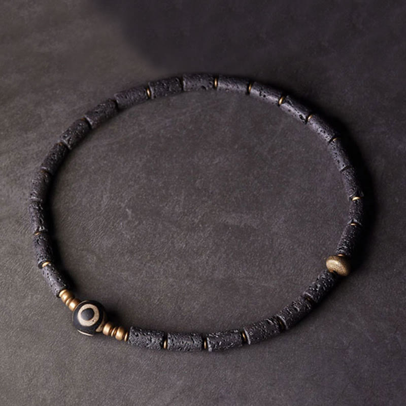 Bracelet enroulé en laiton avec perles dzi à trois yeux en pierre de lave de 6 mm pour le calme