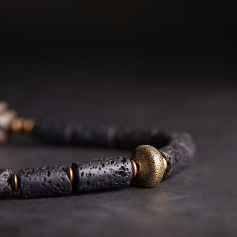 Bracelet enroulé en laiton avec perles dzi à trois yeux en pierre de lave de 6 mm pour le calme