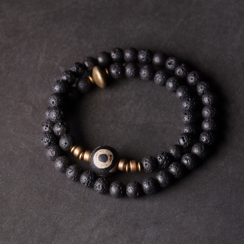 Bracelet double tour en perles de lave Dzi à trois yeux de 6 mm