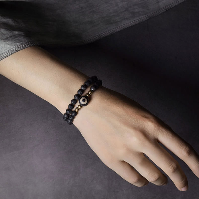 Bracelet double tour en perles de lave Dzi à trois yeux de 6 mm