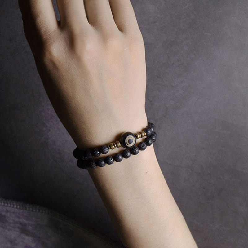 Bracelet double tour en perles de lave Dzi à trois yeux de 6 mm