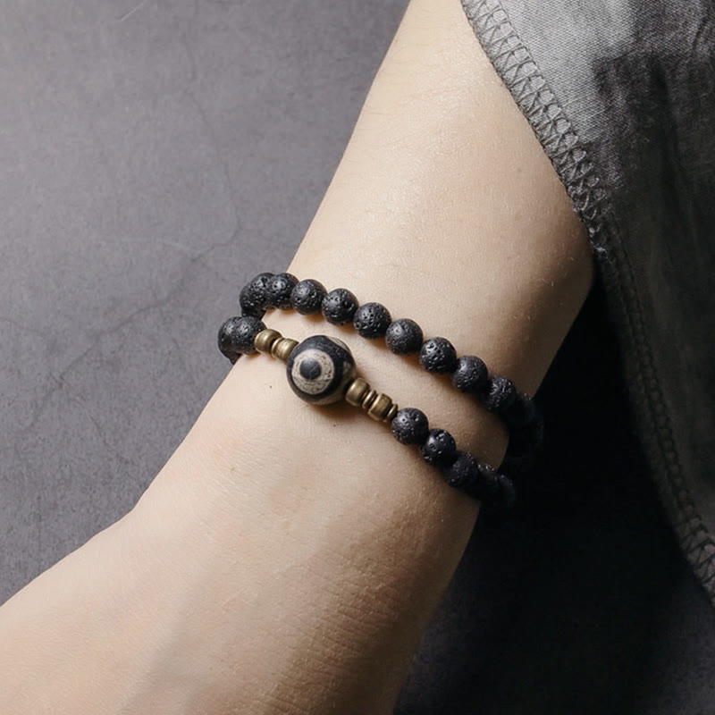 Bracelet double tour en perles de lave Dzi à trois yeux de 6 mm