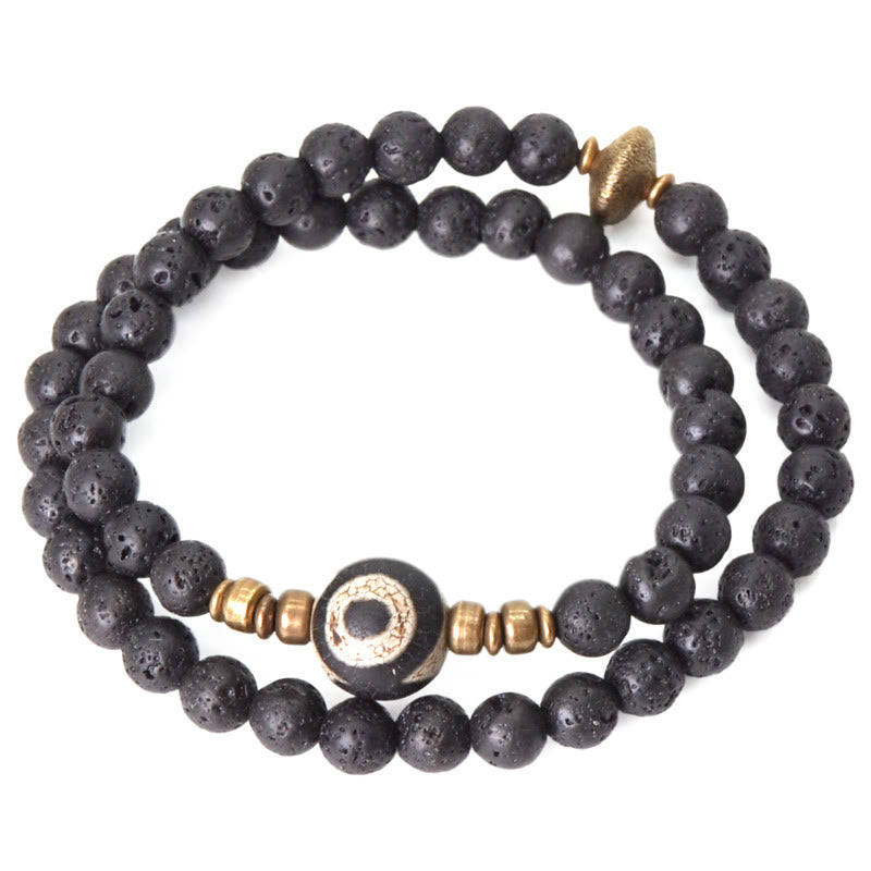Bracelet double tour en perles de lave Dzi à trois yeux de 6 mm