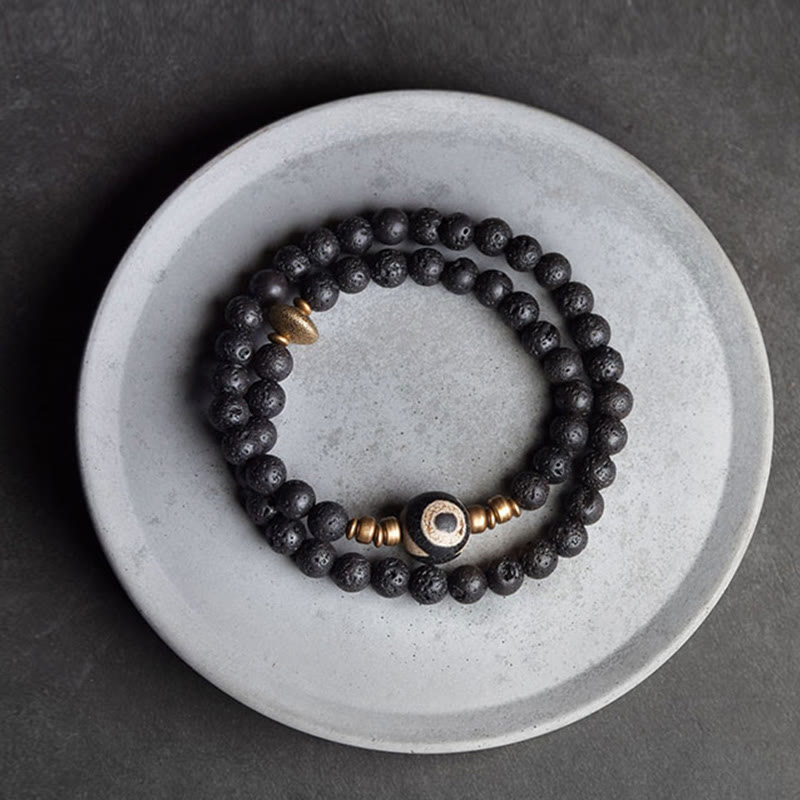 Bracelet double tour en perles de lave Dzi à trois yeux de 6 mm