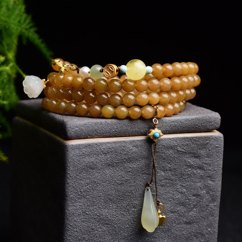 Bracelet de réussite en jade blanc et topaze naturelle Hetian de 6 mm, ambre et lotus