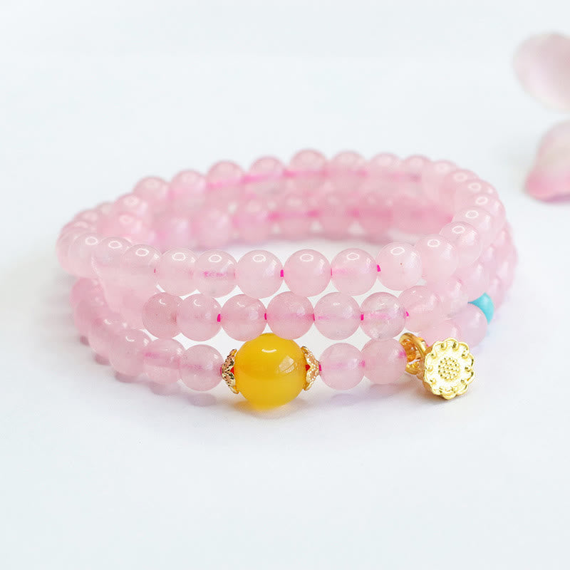 Bracelet Lotus en cristal rose de 6 mm avec calcédoine jaune