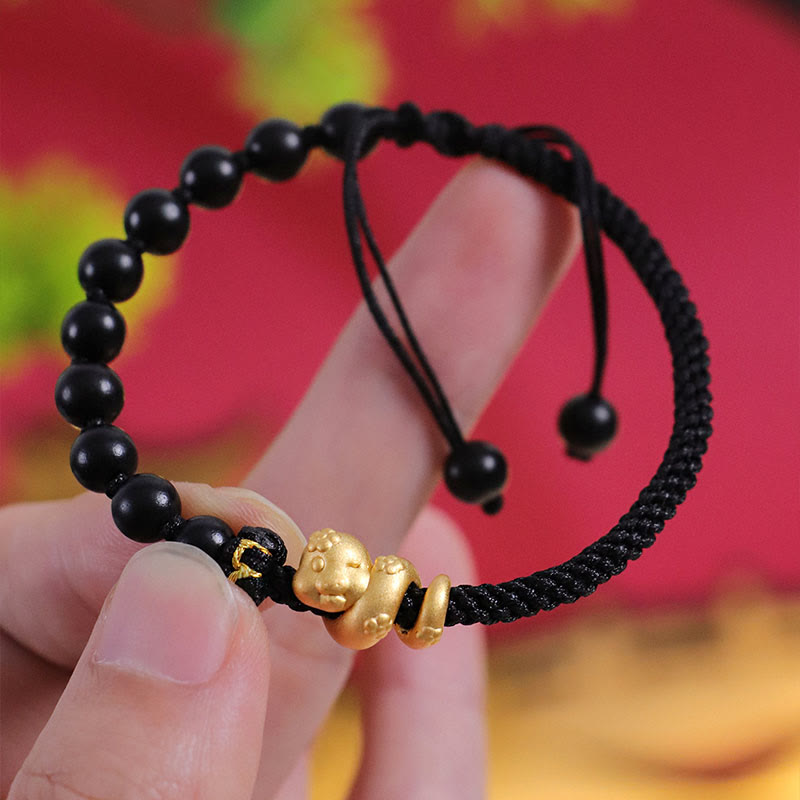 Bracelet de protection en bois de santal rouge à petites feuilles (6 mm) avec corde rouge - Unisexe