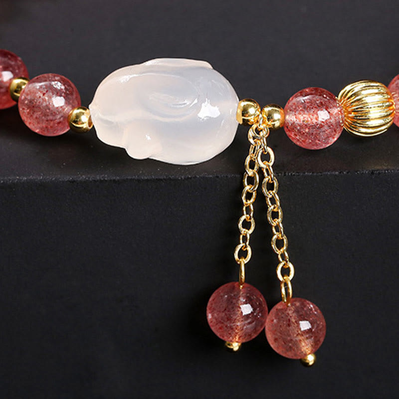 Bracelet de guérison lapin en quartz fraise de 6 mm pour femme