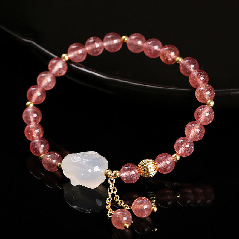 Bracelet de guérison lapin en quartz fraise de 6 mm pour femme
