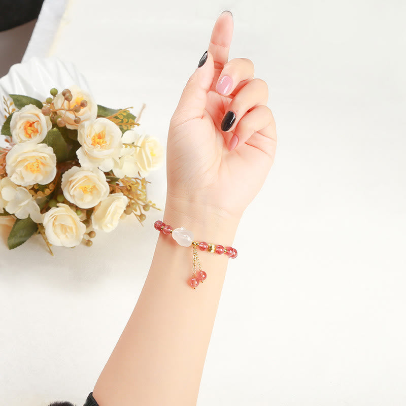 Bracelet de guérison lapin en quartz fraise de 6 mm pour femme