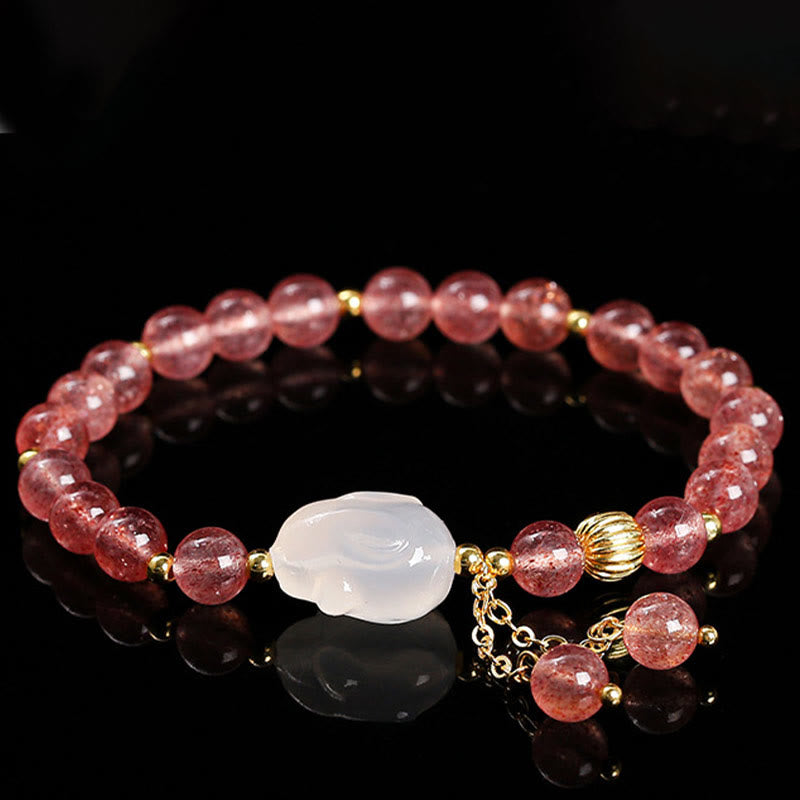Bracelet de guérison lapin en quartz fraise de 6 mm pour femme