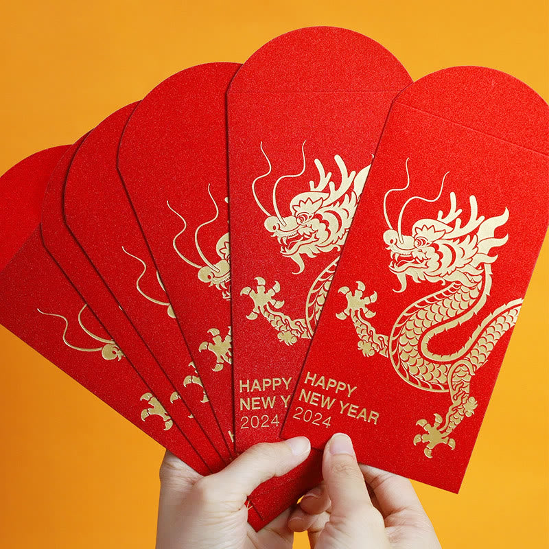 Lot de 6 enveloppes rouges chinoises Année du Dragon 2024