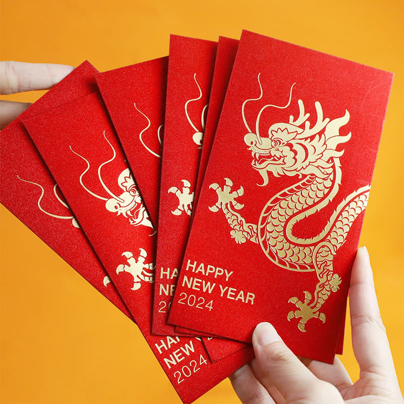 Lot de 6 enveloppes rouges chinoises Année du Dragon 2024