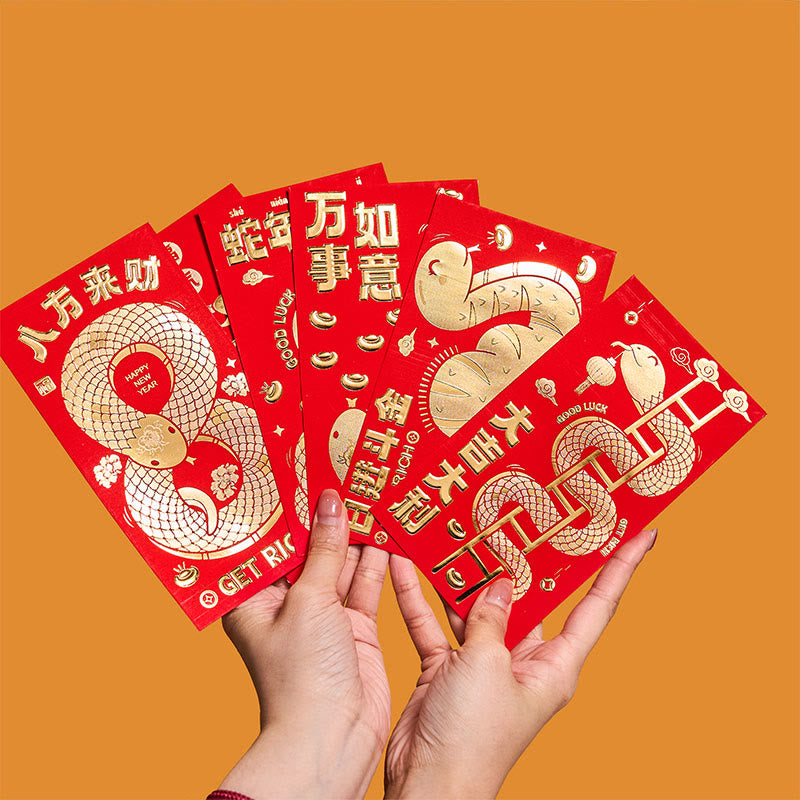 Lot de 6 enveloppes rouges Année du Serpent 2025 | Bonne chance et bénédictions