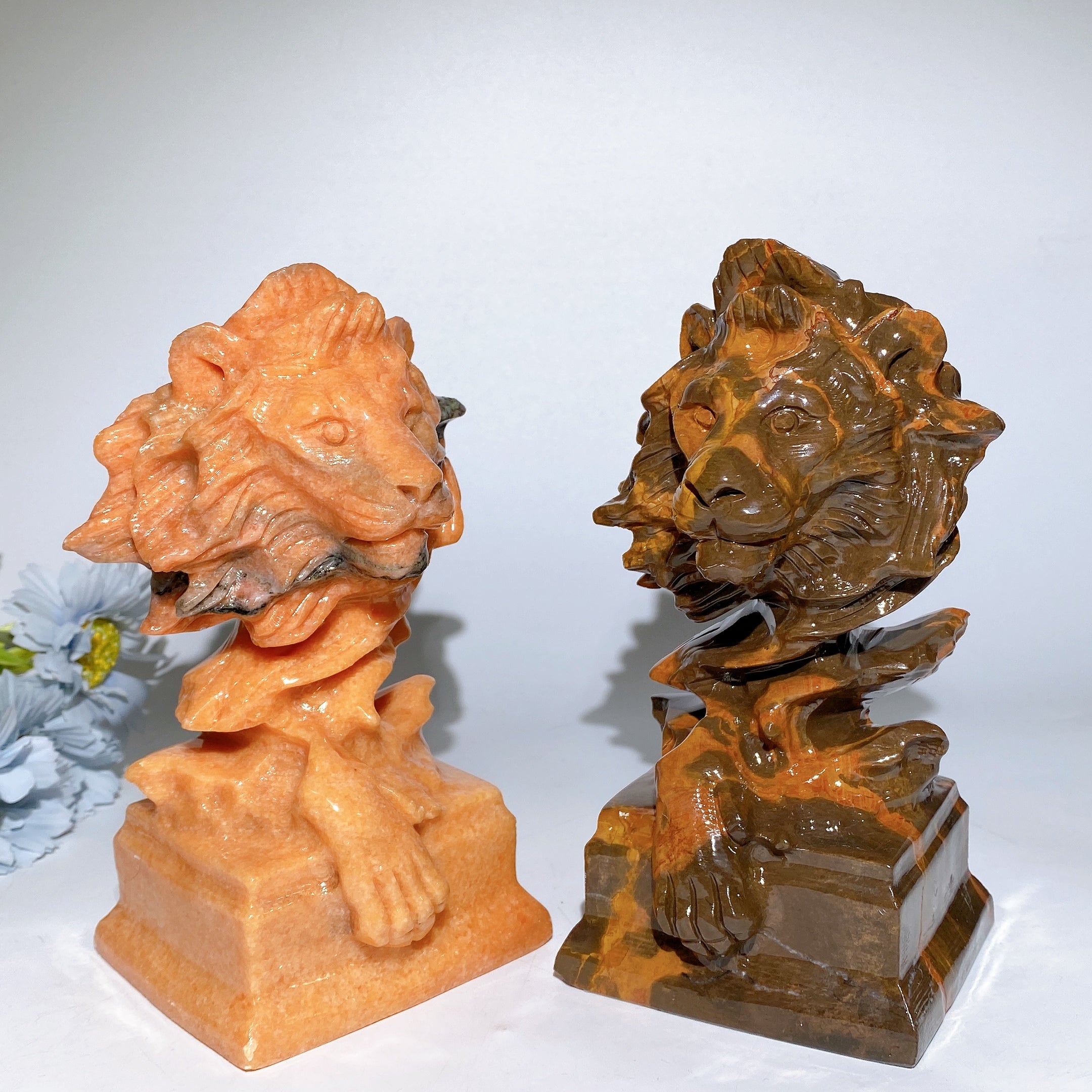 7.0 Inch Sunstone & Jade Lion Head Crystal Figurines