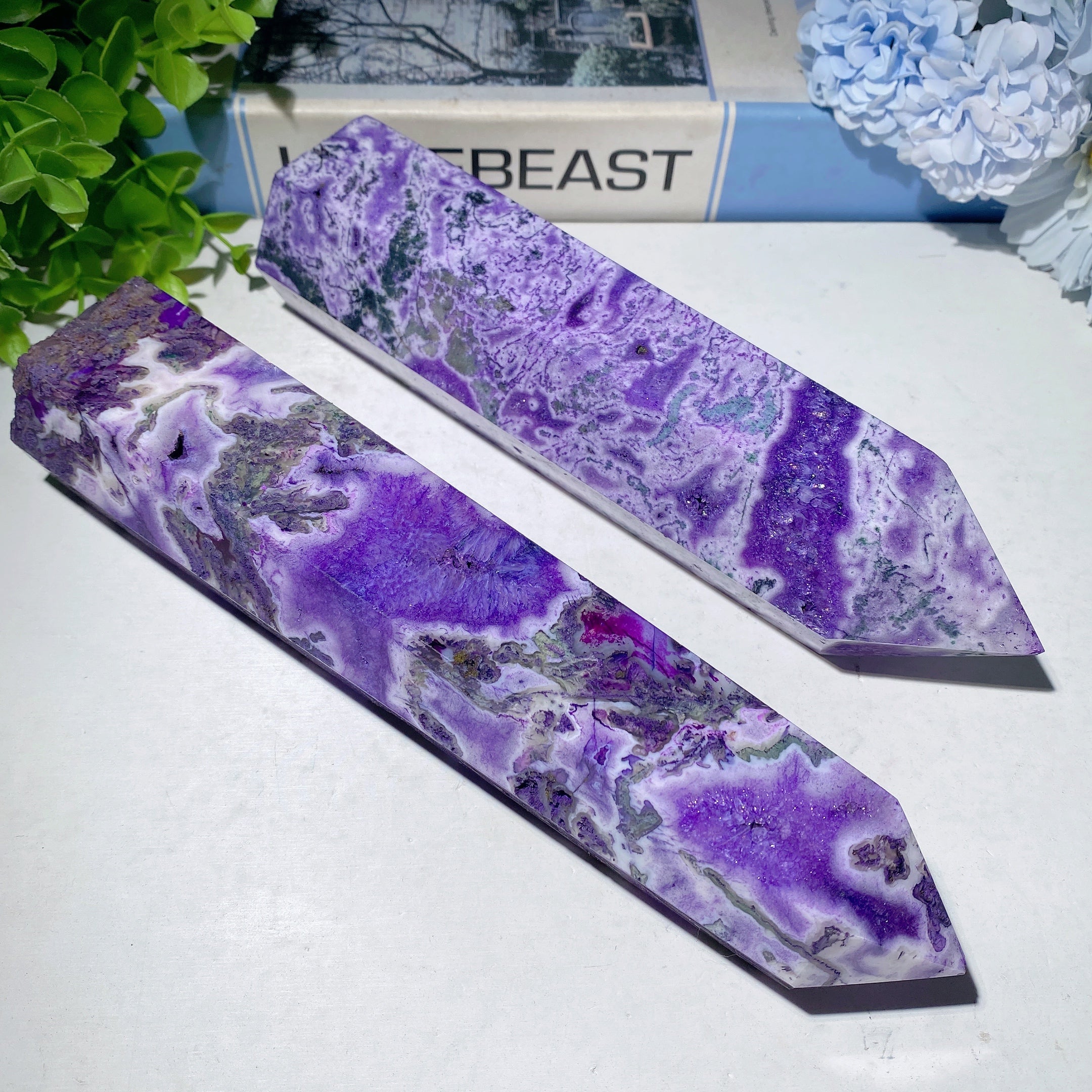 7.5-8.5 inch Purple Moss Agate Crystal Tower for Healing