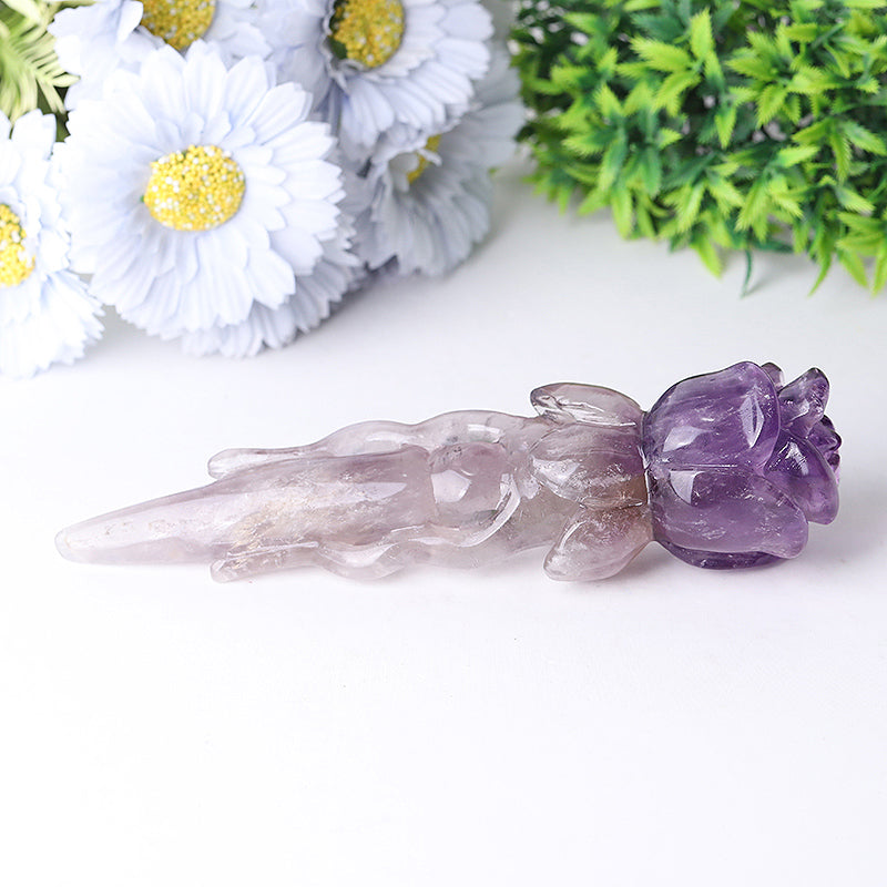 Figurine en cristal de rose améthyste de 7,5 pouces sculptée pour la guérison