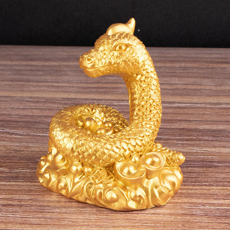 Statue de richesse en résine de 7,5 pouces de l'Année du Serpent avec lingots d'or