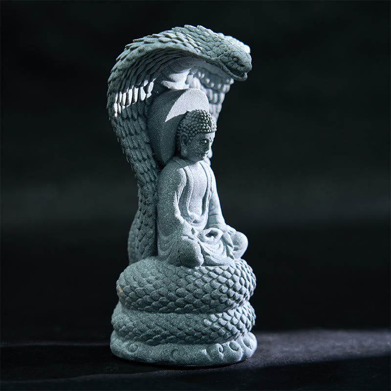 Statue de Bouddha Shakyamuni en grès de 7,5 cm avec symbolisme du serpent