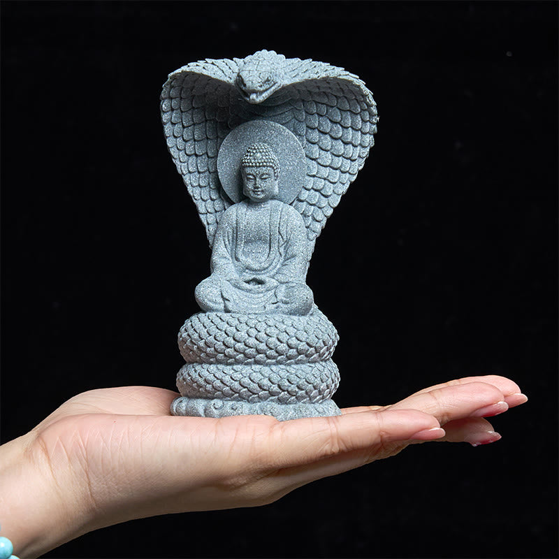 Statue de Bouddha Shakyamuni en grès de 7,5 cm avec symbolisme du serpent