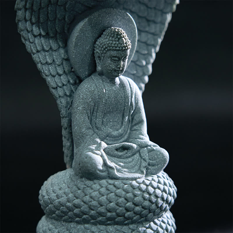 Statue de Bouddha Shakyamuni en grès de 7,5 cm avec symbolisme du serpent