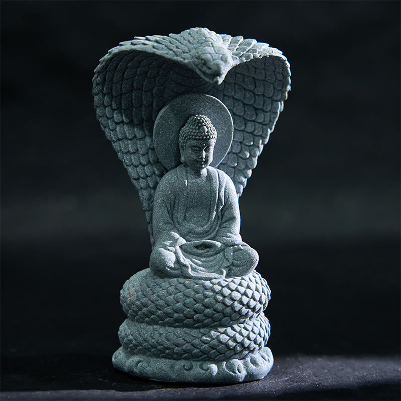 Statue de Bouddha Shakyamuni en grès de 7,5 cm avec symbolisme du serpent