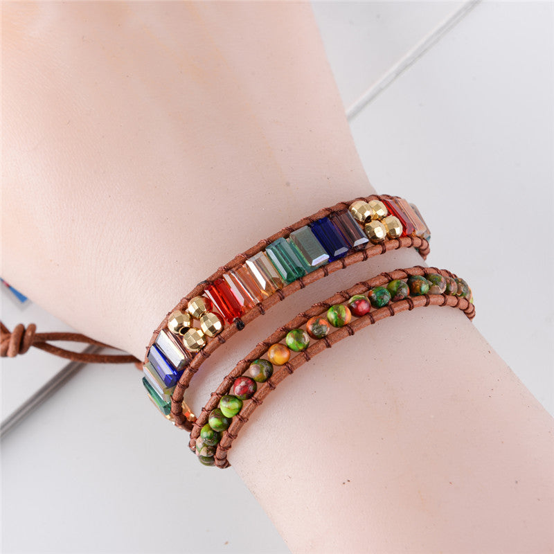 Bracelet enroulé en cuir avec cristaux 7 chakras