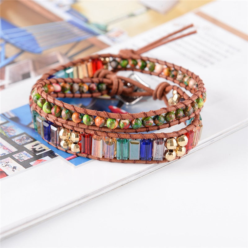 Bracelet enroulé en cuir avec cristaux 7 chakras