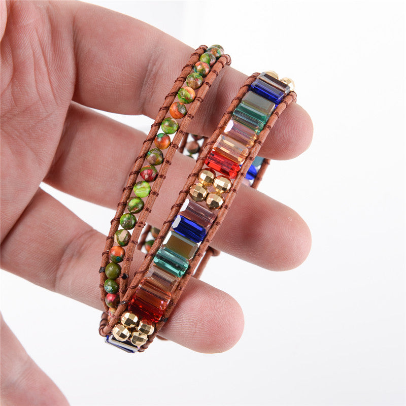 Bracelet enroulé en cuir avec cristaux 7 chakras