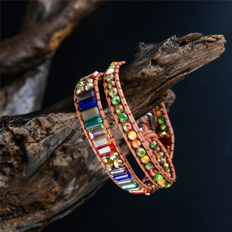 Bracelet enroulé en cuir avec cristaux 7 chakras
