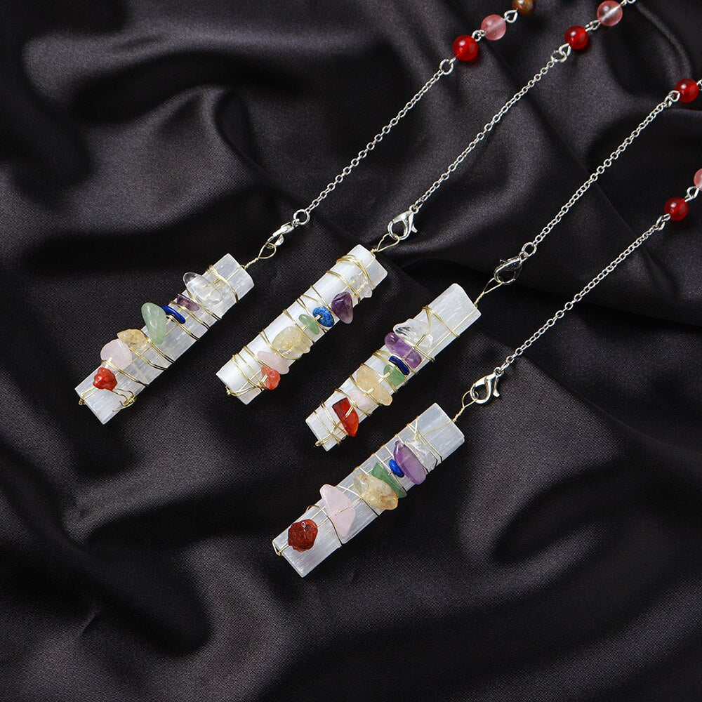 Pendule en cristal des 7 chakras avec sélénite et améthyste