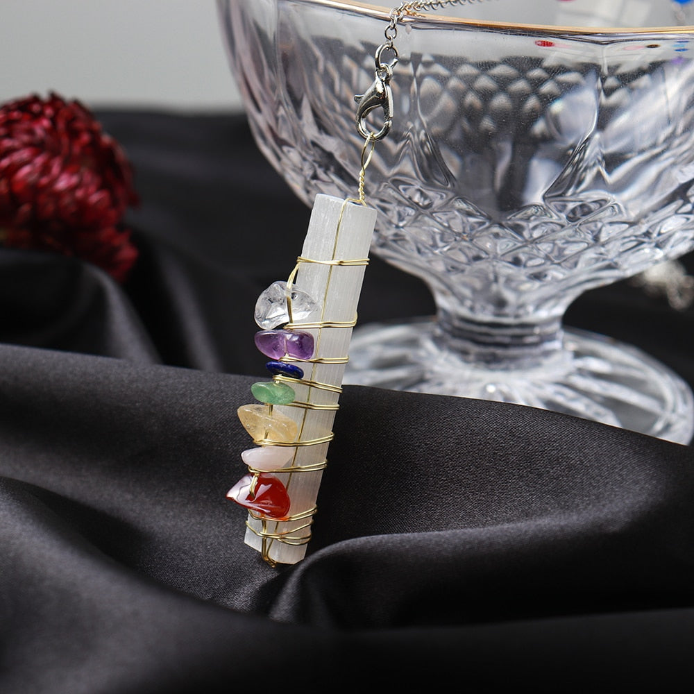 Pendule en cristal des 7 chakras avec sélénite et améthyste
