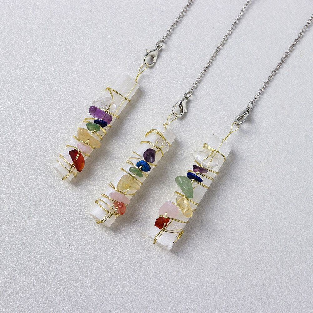 Pendule en cristal des 7 chakras avec sélénite et améthyste