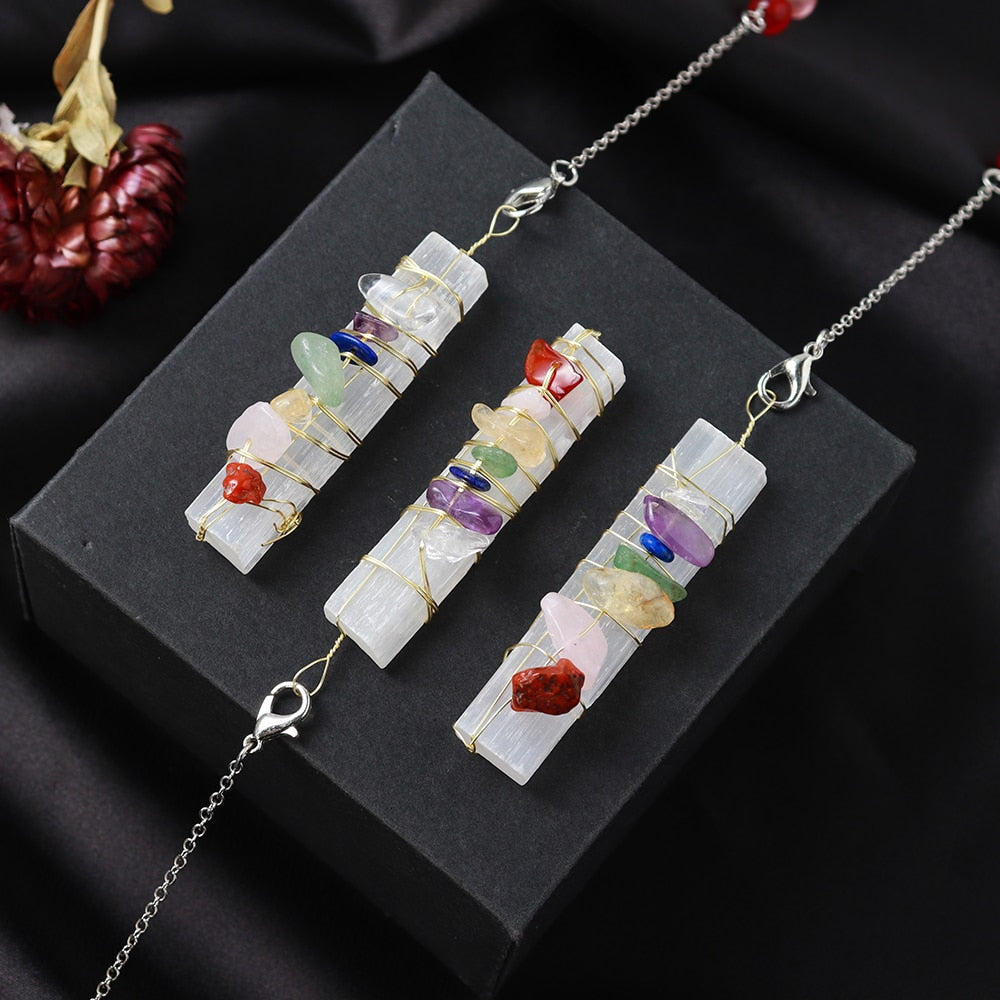 Pendule en cristal des 7 chakras avec sélénite et améthyste