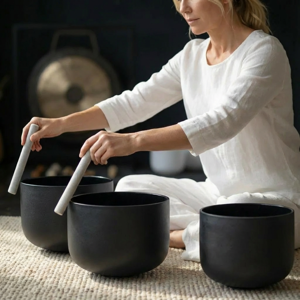 Ensemble de 7 bols chantants en cristal noir pour bain sonore