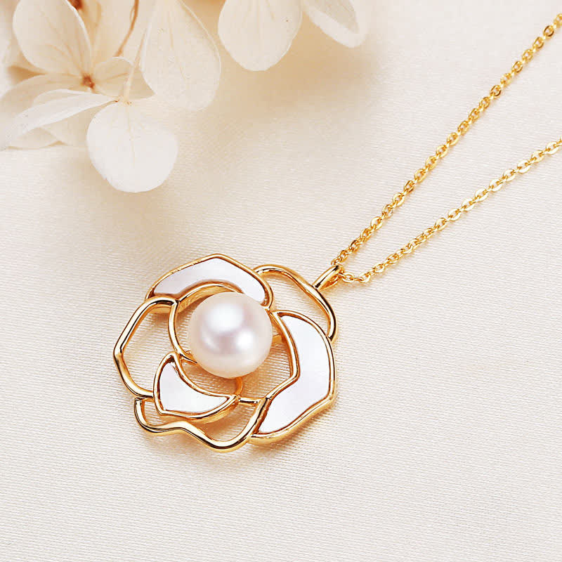 925 Sterling Silver Pearl Camellia Pattern Happiness Necklace & Earrings