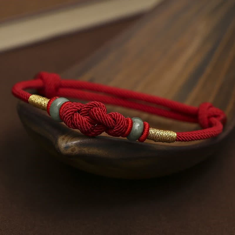 Adjustable Jade Luck Knot Bracelet with Red Feng Shui String
