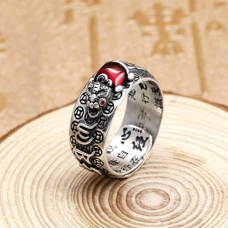 Unisex Adjustable Garnet Copper PiXiu Feng Shui Ring for Wealth