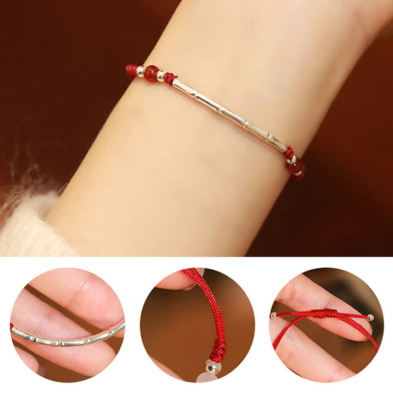 Unisex Sterling Silver Bamboo Red String Agate Protection Bracelet
