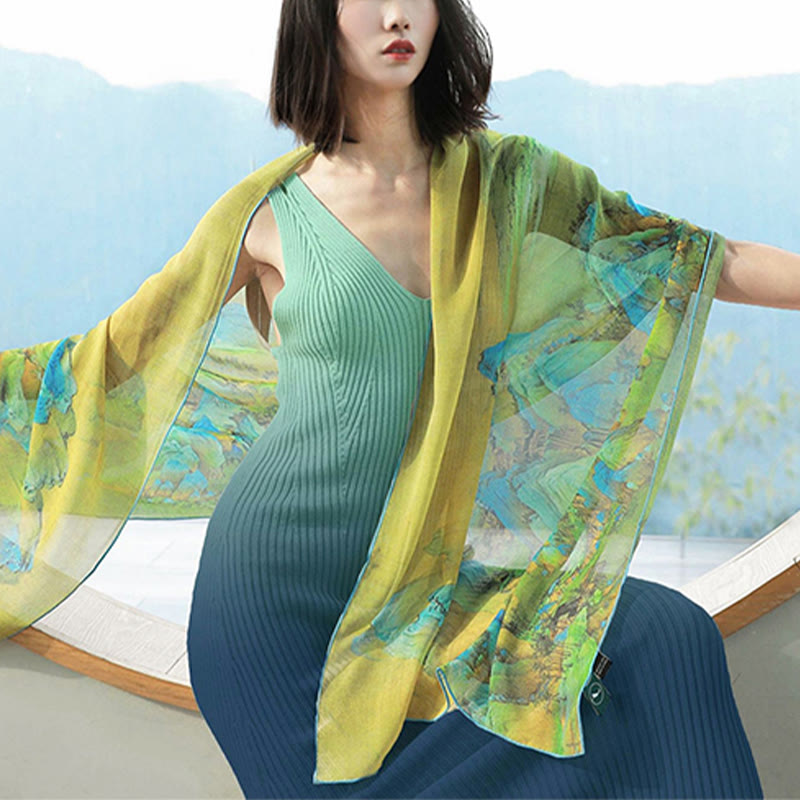 100% Mulberry Silk Tibetan Scarf Panorama of Rivers and Mountains