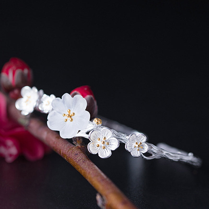 Sterling Silver Plum Flower Blessing Adjustable Spiritual Bracelet