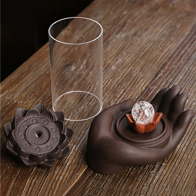 Brûleur d'encens à LED en argile violette, main de Bouddha, lotus, illumination