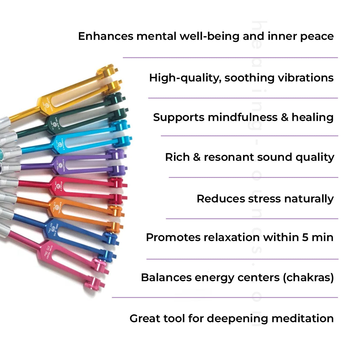 Colorful tuning forks in a fan pattern, highlighting benefits of 741 Hz Solfeggio for healing