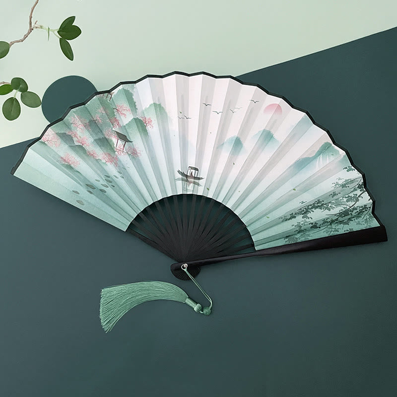 Vintage Lotus Folding Fan with Bamboo Frames for Artists