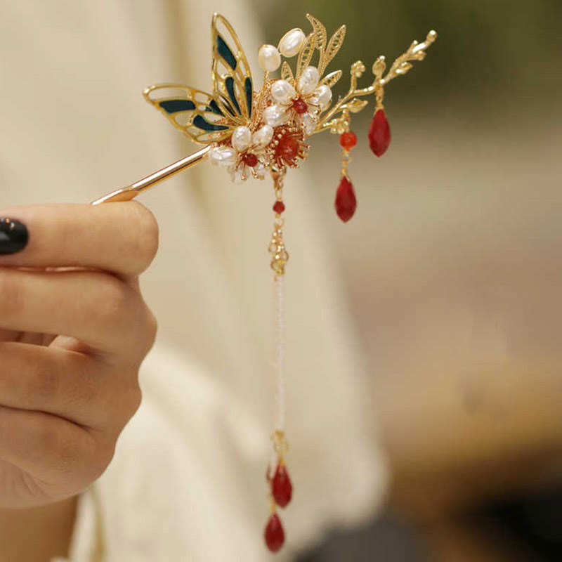 Red Flower Butterfly Pearl Tassel Hair Clip Comb Crown, Spiritual Jewelry