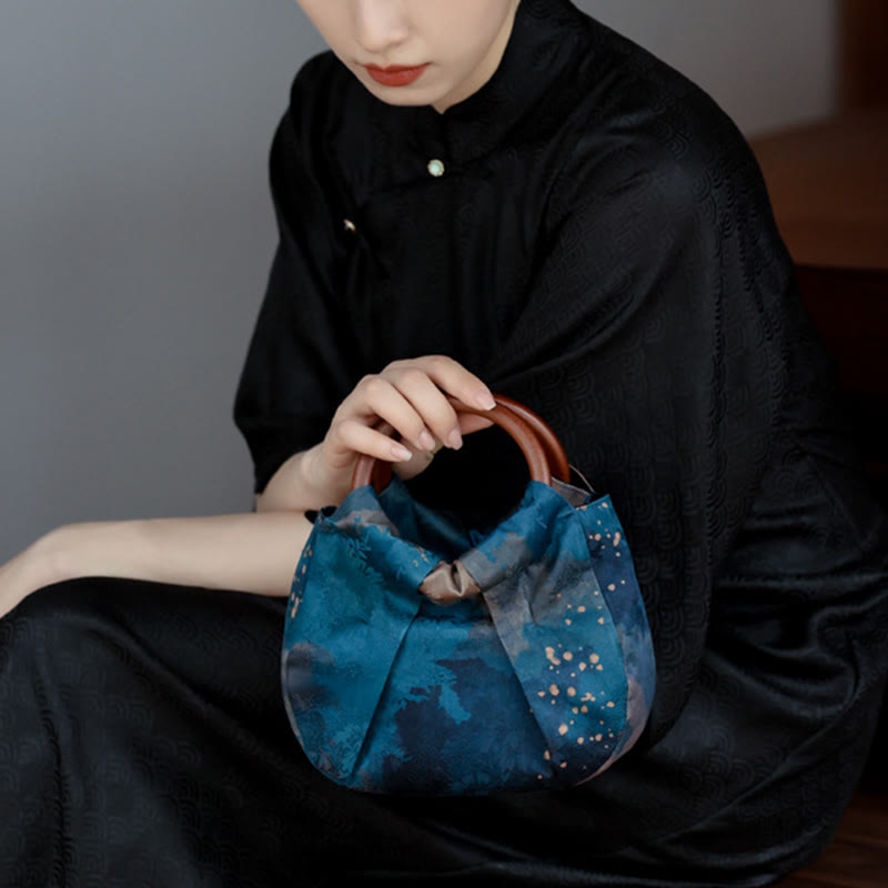 Blue Handmade Jacquard Flower Wooden Handle Bag 23cm