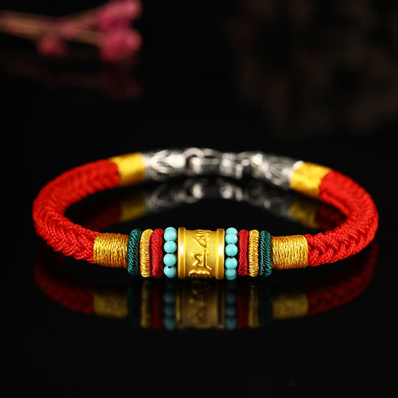 999 Gold Om Mani Padme Hum Handmade Eight Thread Peace Knot Bracelet