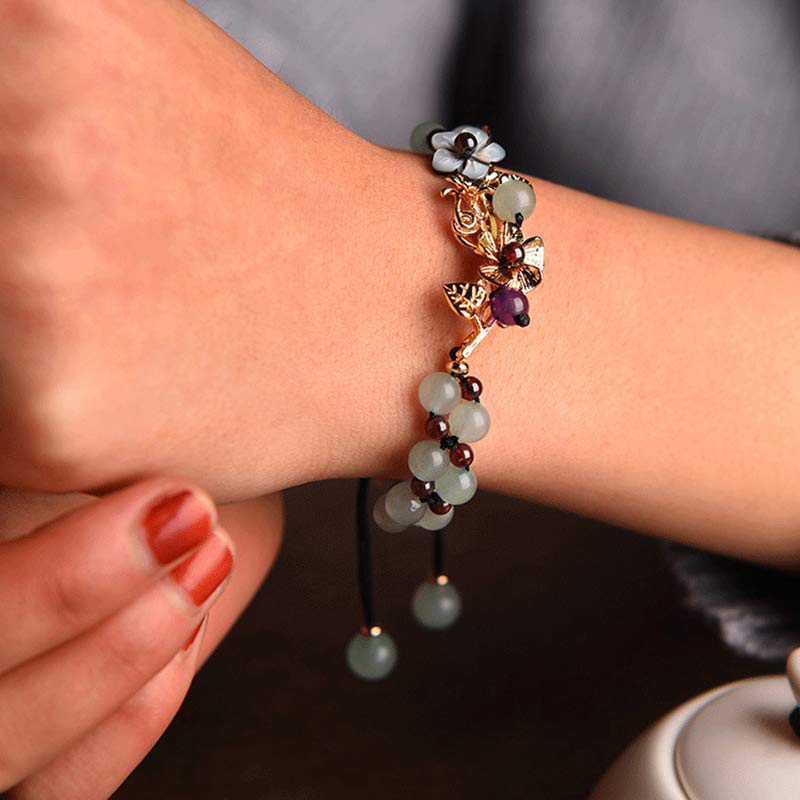 Green Aventurine & Garnet Luck Bracelet with Flower Petals