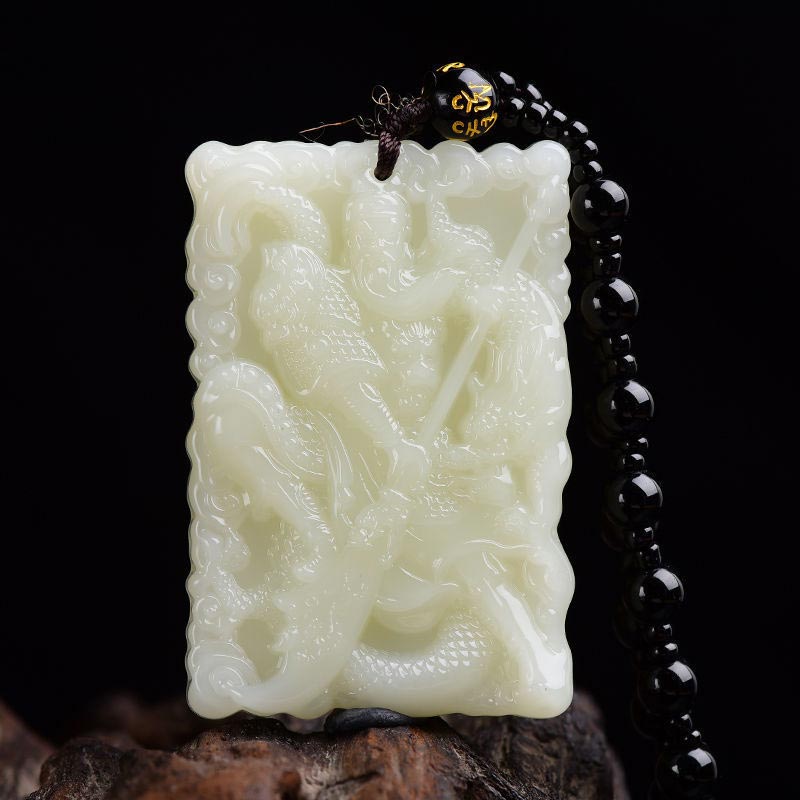 Unisex Jade Necklace Lord Guan Protection Pendant 56mm